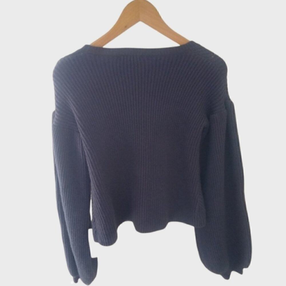 Maisie Nordstrom Navy Blue Bishop Sleeve Cropped Ribbed Sweater Medium - Picture 7 of 12